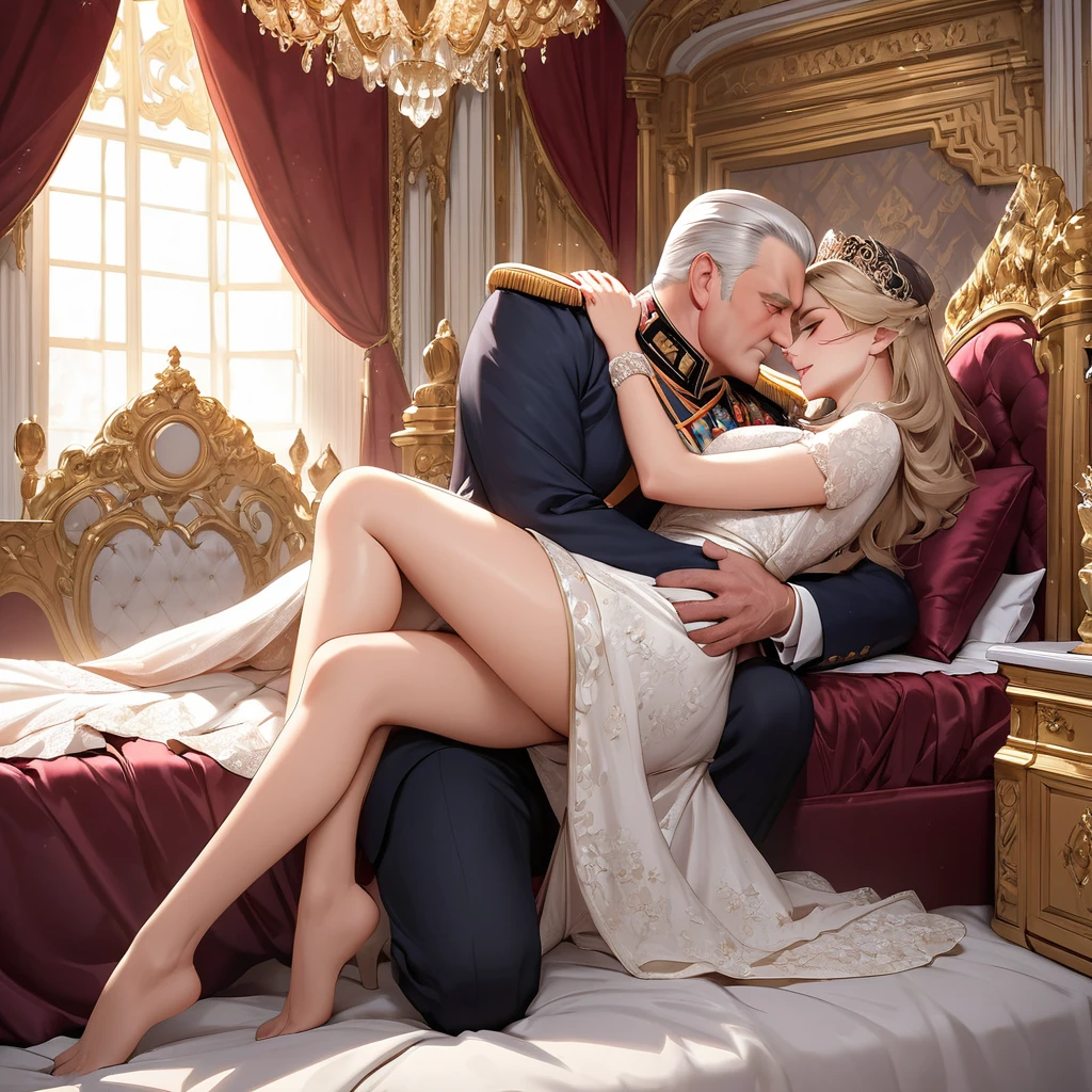 The woman is embraced by the great Russian emperor on a luxurious bed in the palace, and the man inserts his penis into the woman's pussy and ejaculates a large amount of semen into her, and they have sex and make love.、((Highest quality)), ((masterpiece)), (detailed), (Perfect Face)、The woman is Yuuki Asuna, a Russian with light brown, medium-long hair, an elegant, graceful, beautiful Russian noblewoman, a good wife and mother, and the Empress of the Great Russian Empire.、The woman is naked, beautifully dressed with luxurious accessories and wearing a beautiful and luxurious kokoshnik.、The woman is standing next to a great and imposing, bearded and naked old Russian emperor.、The woman is embraced by the great Russian emperor on a luxurious bed in the palace, and the man inserts his penis into the woman's pussy and ejaculates a large amount of semen into her, and they have sex and make love.、The woman is naked on a luxurious bed in the palace with the great old Russian emperor, embracing each other, kissing and making love, happily having sex and deeply loving each other. The old emperor and the young and beautiful empress are naked couple.