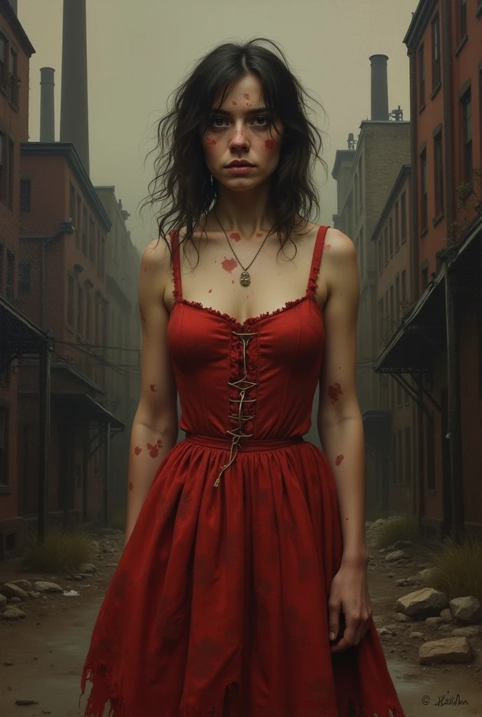 Mary Elizabeth Winstead as a poor and dirty prostitute in the first industrial revolution with a red dress 