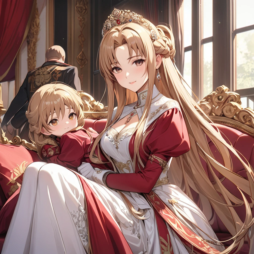 ((Highest quality)), ((masterpiece)), (detailed), (Perfect Face)、The woman is Yuuki Asuna, a Russian with light brown, medium-long hair, an elegant, graceful, beautiful Russian noblewoman, a good wife and mother, and the Empress of the Great Russian Empire.、The woman is beautifully dressed in the gorgeous and glittering gold-colored Russian court dress of an ancient Russian empress, with gorgeous accessories, and a beautiful and luxurious kokoshnik.、The woman came of age in style on a luxurious sofa in the palace.1Hug with 8-year-old son