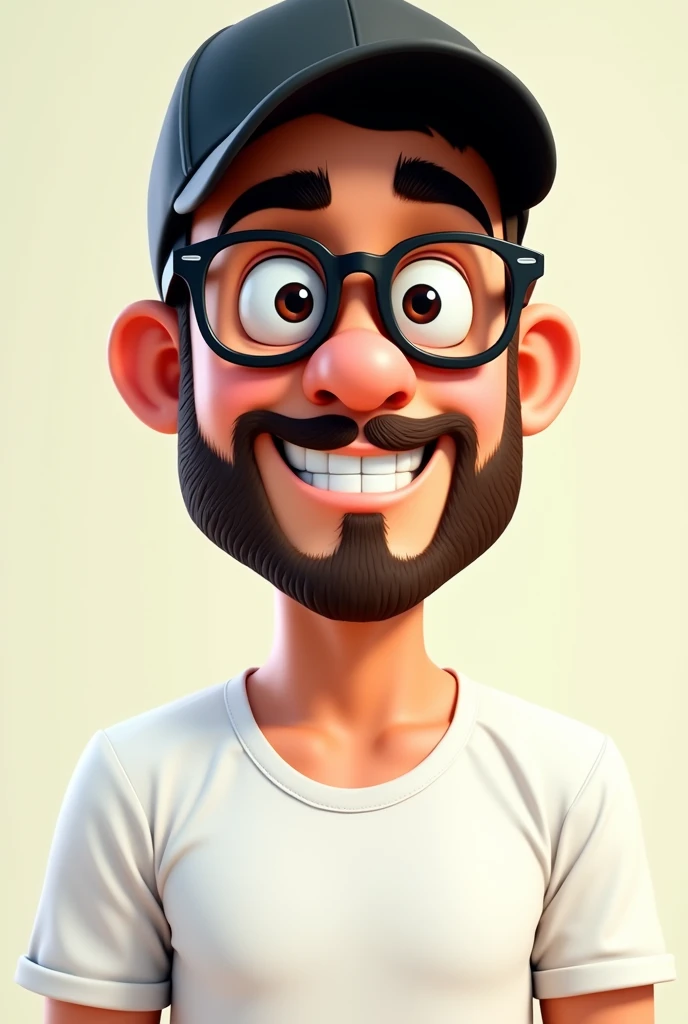 art 8K, Man in black cap, white surf t-shirt, from the abdomen upwards, short beard, black frame glasses, thick eyebrows, cartoon