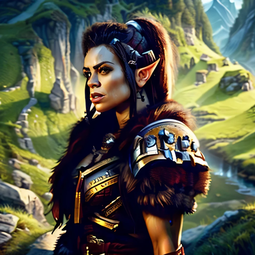 Ultra high 8k resolution, realistic, (masterpiece:1.4), (best quality:1.4), extremely detailed intricate background, hyper detailed, 1 attractive orc woman, warrior woman