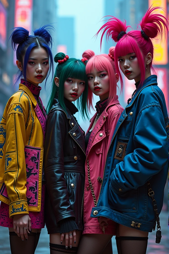 4 girls with visual kei style clothes and makeup 