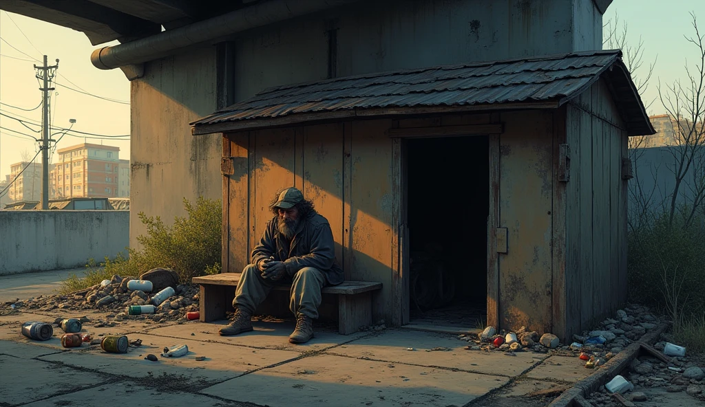 Make him sit down outside a small wooden batcher under the bridge while the evening approaches. The environment should be dirty and littered with wastes along a sewer