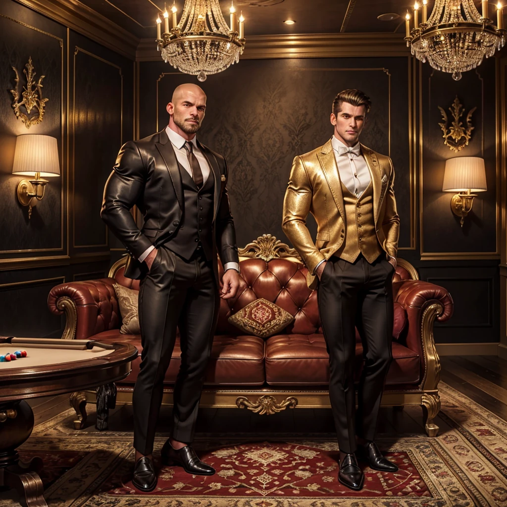 Masterpiece, 8k, ultra-high resolution, best quality, ultra detailed, hyper-realistic, razor-sharp clarity, crystal-clear focus, perfect size of all image elements, precise proportions, harmonious composition, intricate textures, vivid colors, high contrast, A muscular man with an elongated face, bodybuilder, pale skin, white skin, handsome, very tall (he is approximately 6 feet 5 inches tall), very muscular, shaved head. Under the clothes hides a bodybuilder with a lot of strengthened muscles; large pectorals, large biceps, well-defined abs, huge trapezius, very large muscles, and the rest of the body with very defined muscles. A muscular, fair-skinned man is confidently playing billiards alone in an opulent billiard room. He is wearing a fitted black dress shirt with the sleeves rolled up, tailored dark grey trousers, and polished black leather shoes. The shirt is slightly unbuttoned at the collar, revealing a hint of his muscular chest, exuding both elegance and strength.
The billiard room is the epitome of luxury, with rich mahogany wood paneling covering the walls, accented by intricate carvings and gold trim. The floor is polished marble, with a large, plush Persian rug beneath the billiard table. The table itself is a masterpiece, crafted from dark wood with ornate legs and green felt that is impeccably maintained. Overhead, a grand chandelier with crystal accents casts a warm, golden light, creating a sophisticated and inviting atmosphere. Around the room, there are leather armchairs with brass studs, positioned strategically for spectators to watch the game. The walls are adorned with vintage artwork, and a small bar in the corner offers a selection of fine liquors and cigars. The overall scene exudes opulence, blending the classic elegance of a high-end gentlemen's club with the modern luxury of a top-tier establishment, all with perfectly balanced and proportioned elements to create a seamless visual experience. Every detail is meticulously rendered with