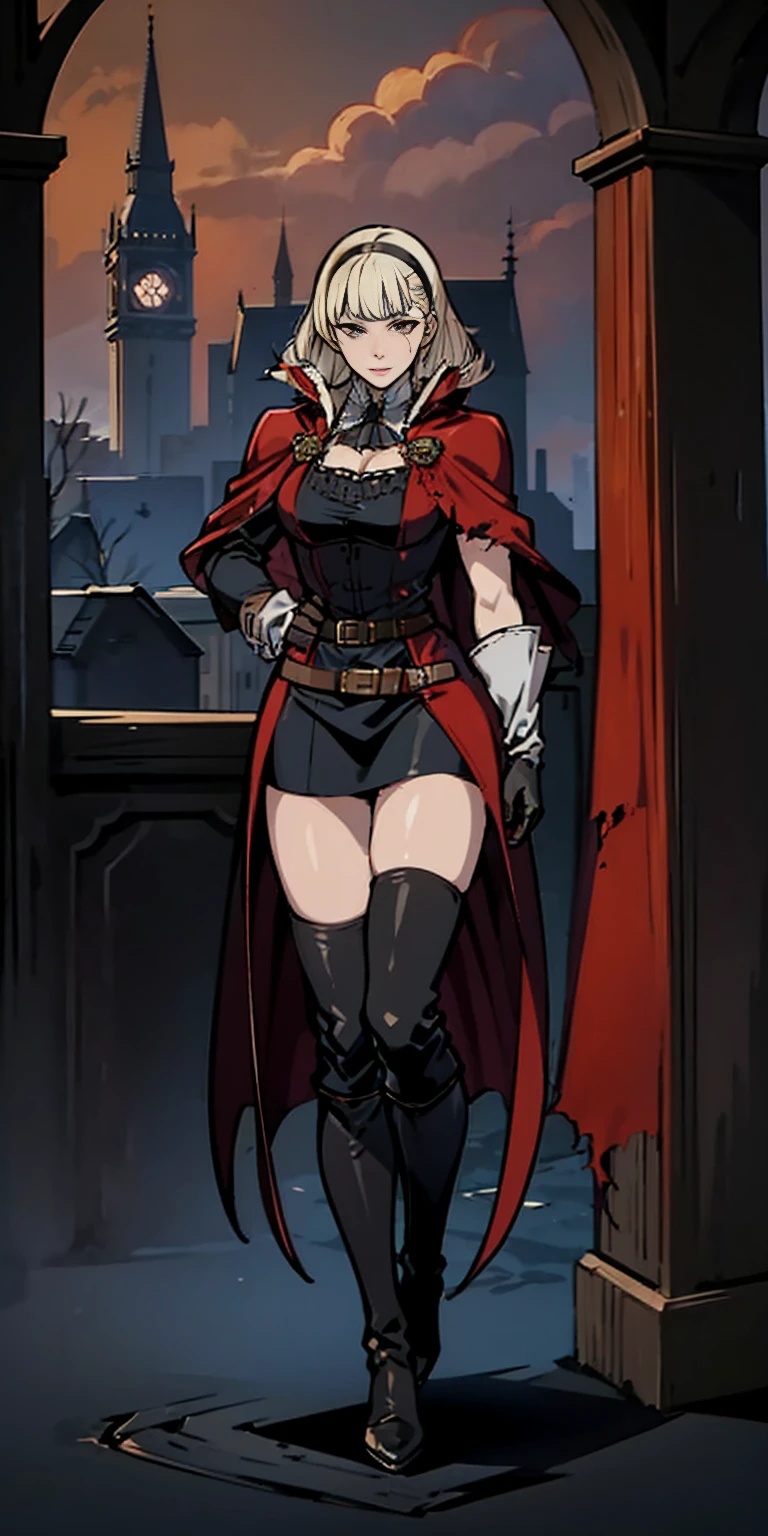 1women, solo, hips up, look at viewer, (detailed face), bangs, edgBB, black gloves, belt, coat, torn clothes, capelet, red gloves gauntlets, vambraces, black capelet, hunter (bloodborne) woman wearing edgBB_outfit, outdoors, gothic architecture, jewelry, full body Forrest Fire Emblem twin drills blonde hair