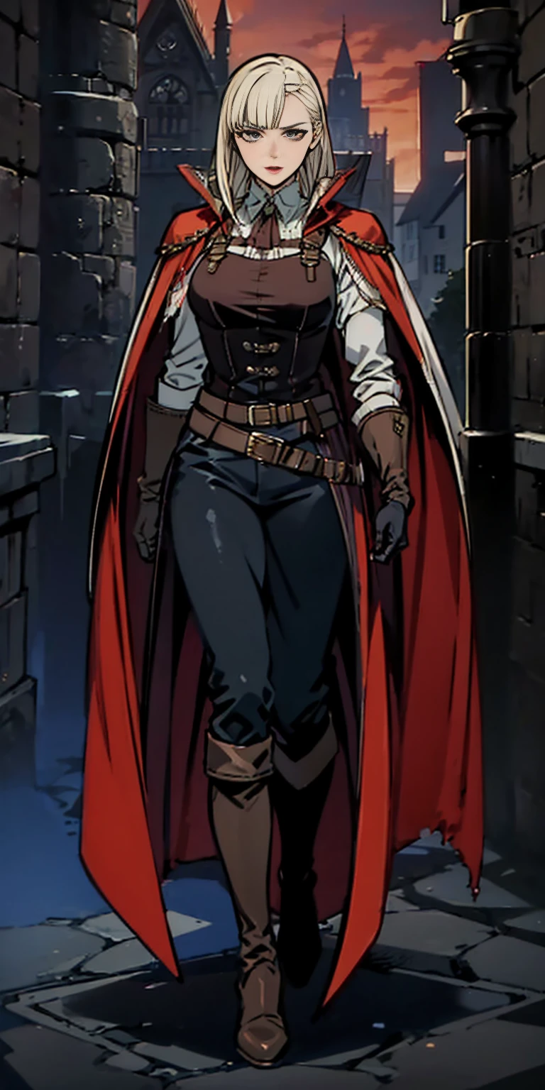 1women, solo, hips up, look at viewer, (detailed face), bangs, edgBB, black gloves, belt, coat, torn clothes, capelet, red gloves gauntlets, vambraces, black capelet, hunter (bloodborne) woman wearing edgBB_outfit, outdoors, gothic architecture, jewelry, full body Forrest Fire Emblem twin drills blonde hair