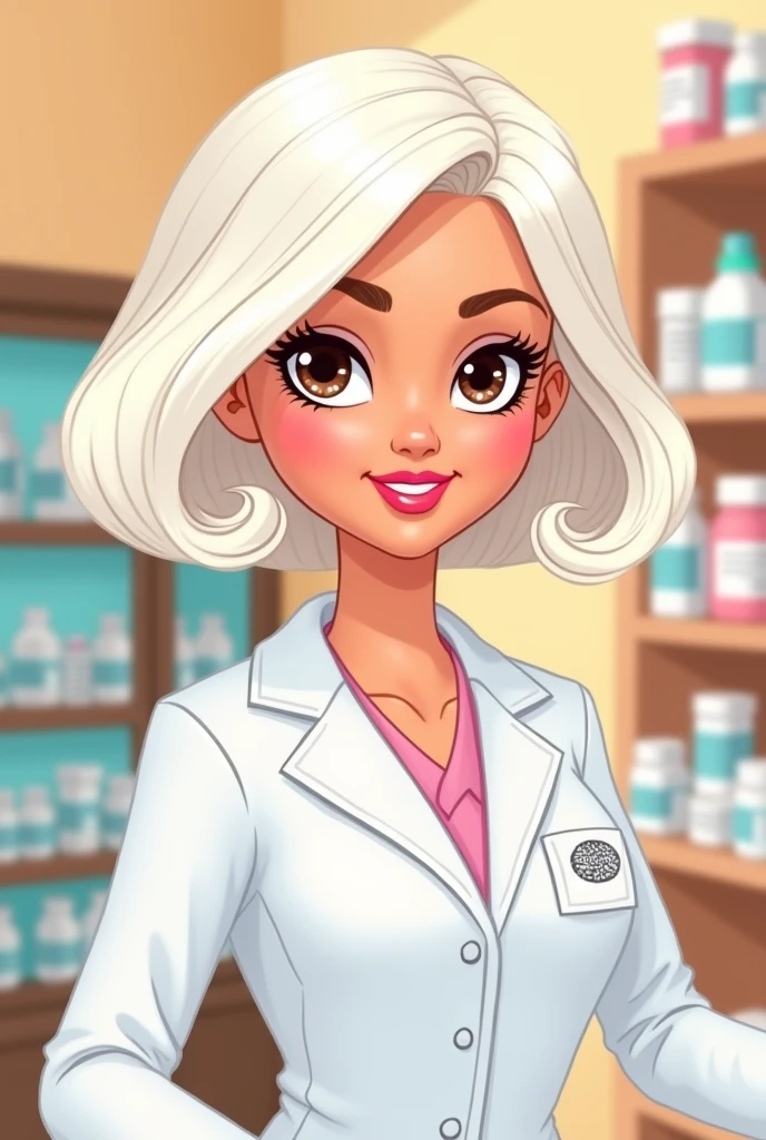 Cartoon image of a Barbie pharmacist with dark brown eyes and short white hair 2D