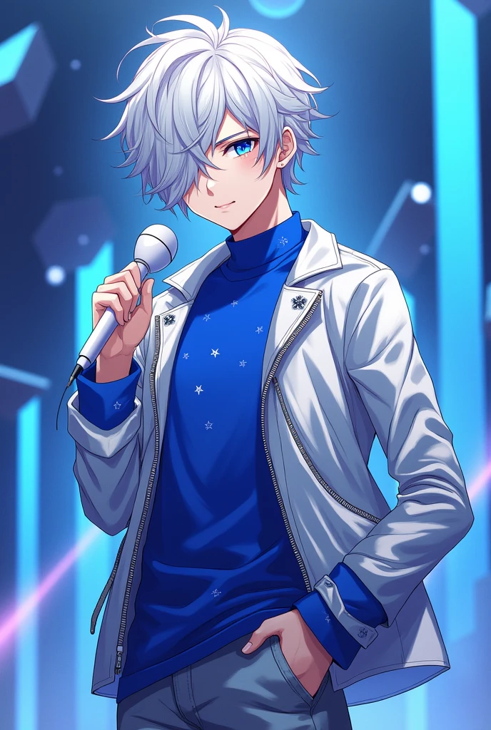 Anime idol boy with messy silver hair over one eye.
skin fair.
royal blue eyes.
silver metallic jacket.
royal blue turtleneck shirt with silver stars.
white idol microphone.
vocaloid sekai cool stylish