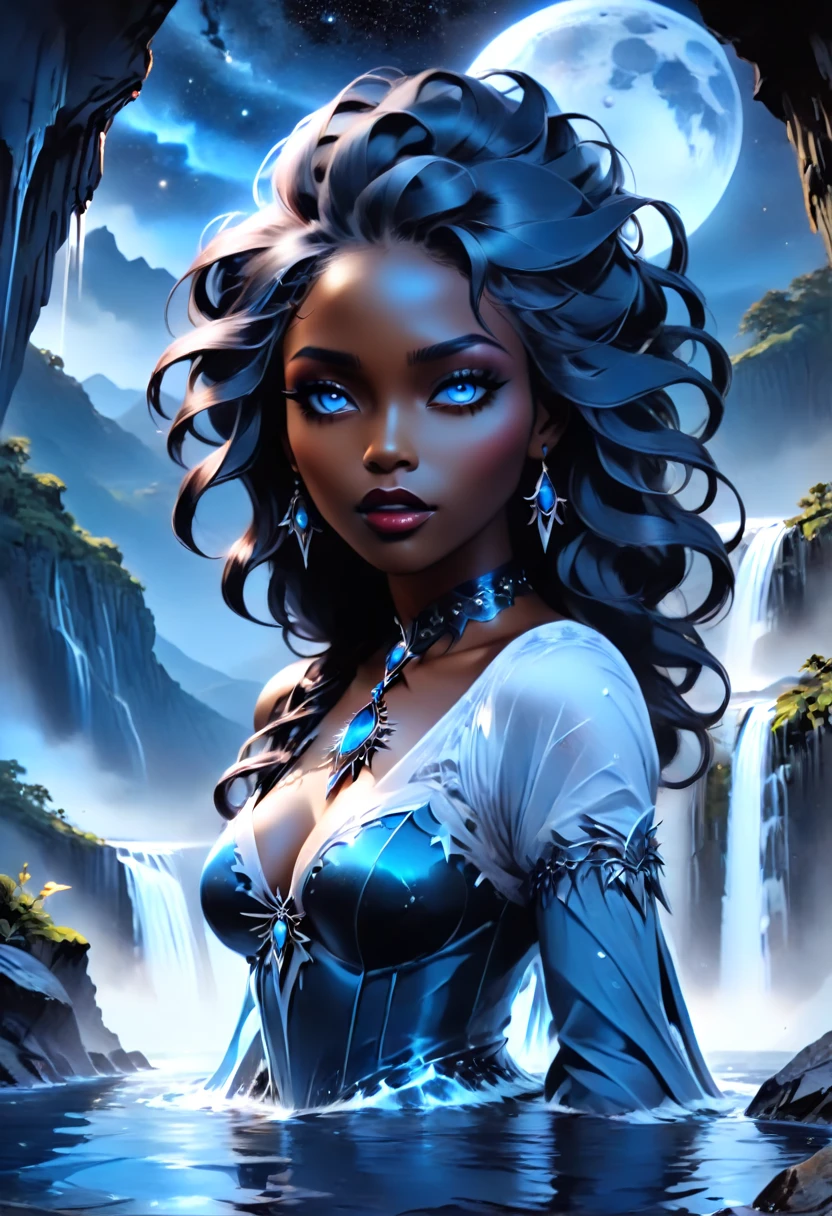 a portrait picture of an exquisite beautiful female African vampire standing under the starry night sky at the base of the waterfall, dynamic angle (ultra detailed, Masterpiece, best quality), ultra feminine, (black skin: 1.3), dynamic hair color, wavy hair, dynamic eyes color, cold eyes, glowing eyes, intense eyes, dark red lips, wearing white dress (ultra detailed, Masterpiece, best quality), wearing blue cloak (ultra detailed, Masterpiece, best quality), long cloak, flowing cloak (ultra detailed, Masterpiece, best quality), wearing high heeled boots, water coming down from a mountain, multi level water falls, several pools created in different levels, forming new waterfalls, water cascading into a pool steam rising, clear water in many hues of blue and azure falling, ultra best realistic, best details, best quality, 16k, [ultra detailed], masterpiece, best quality, (extremely detailed), ultra wide shot, photorealism, depth of field, hyper realistic painting, sky full of stars background, moon, bats flying about, high details, best quality, 8k, [ultra detailed], masterpiece, best quality, (ultra detailed), full body, ultra wide shot, photorealism, dark fantasy art, dark fantasy art, gothic art, many stars, dark fantasy art, gothic art, sense of dread, vampyfangs1