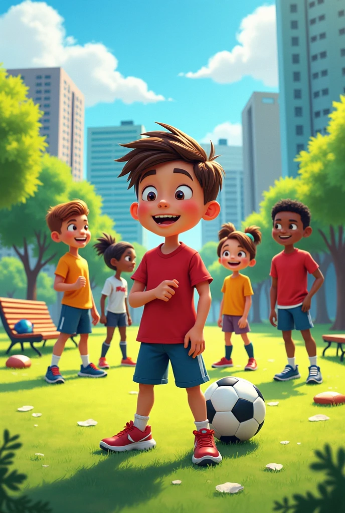 Overview of the park with Tomas and his friends getting ready to play soccer. with the same main character same animated appearance
