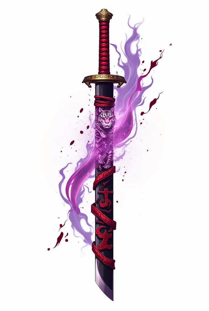 object, katana, red bandages, tiger and blood design, Black and purple energy coming out of the katana, golden details, anime, 4k, White background