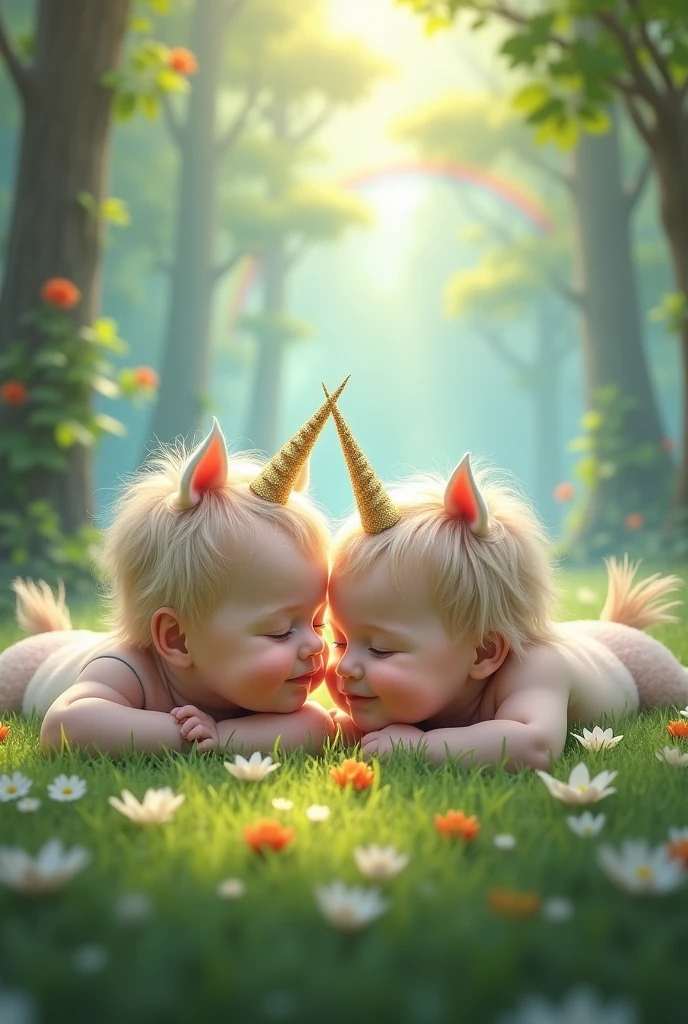 Generate an image of avatar-like baby boy and girl with white skin adorned in intricate, multicolored photoluminescent tattoos, surrounded by the magical glow in a mystical island. Convey an air of joy and fantasy through their expressions and surroundings.