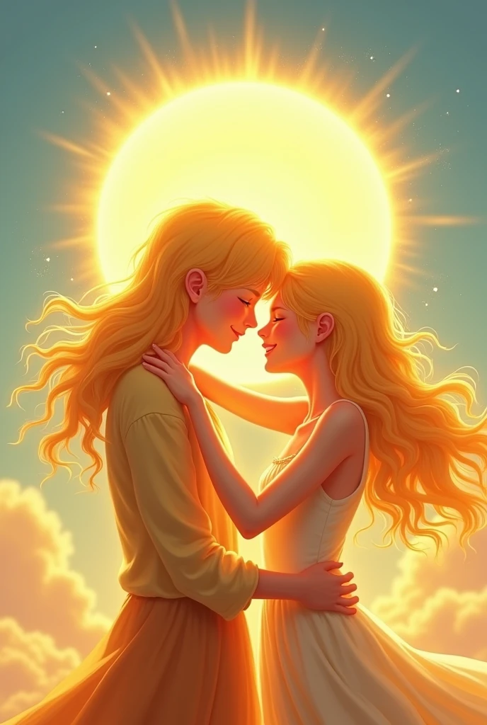 The sun and a blonde young adult hugging each other