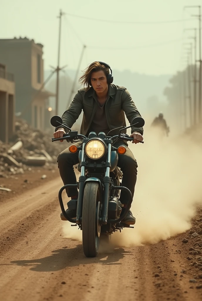 A young man on a motorcycle riding into the distance, with wired headphones on, kicking up a cloud of sand behind him on his motorbike in a post-apocalyptic setting (Profile)