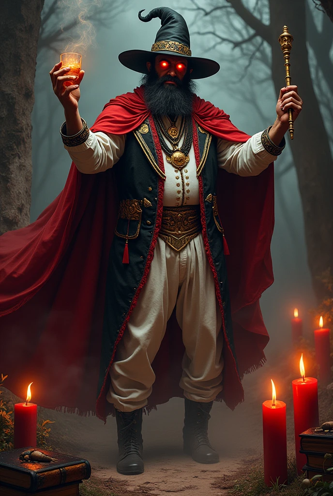 Handsome man with a robust body, barba, by rubio, black and red antique hat, red and black cape, vaso whisky, Cigarettes, cemetery, red and black lit candles, golden stick, Red eyes,  melted candles, white vest and pants, lots of red and black necklaces , levitating, black magic books, exu umbanda