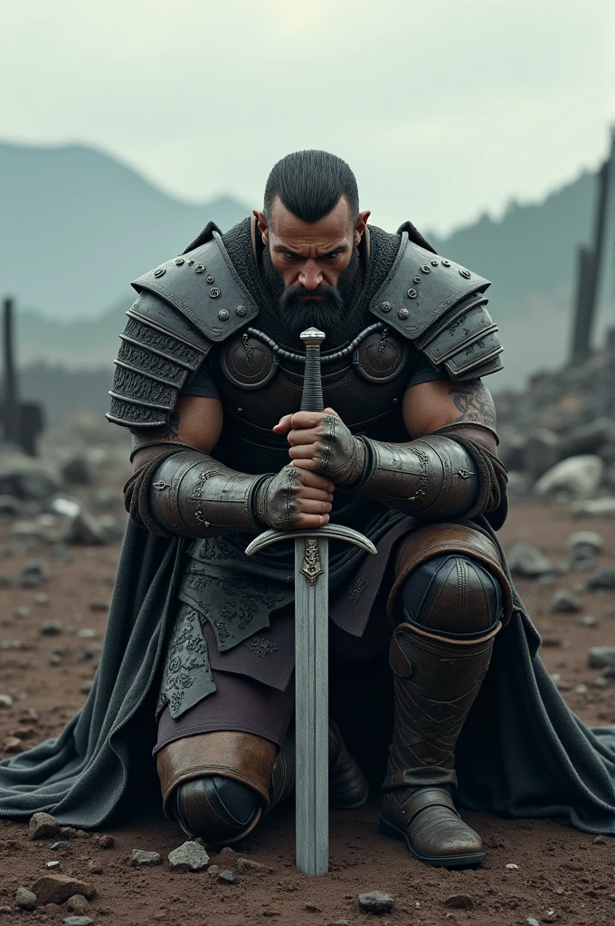A Warrior on his knees with his sword fixed to the ground .
