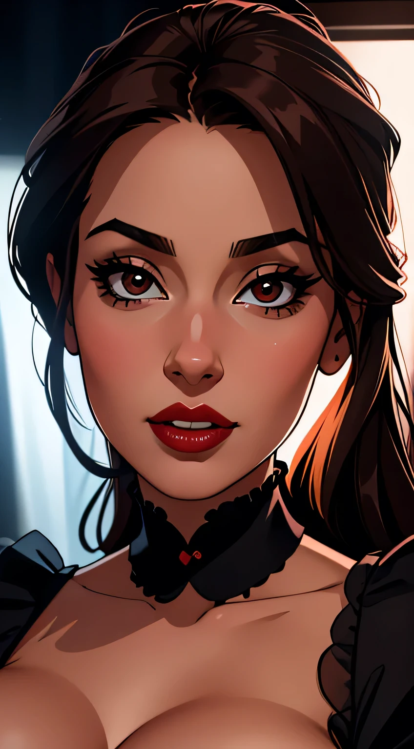 Amazing portrait of a woman who is 30 years old and an adult and a sexy maid during night time with soft lighting showcasing her red lips and her beautiful face in detail and close up 