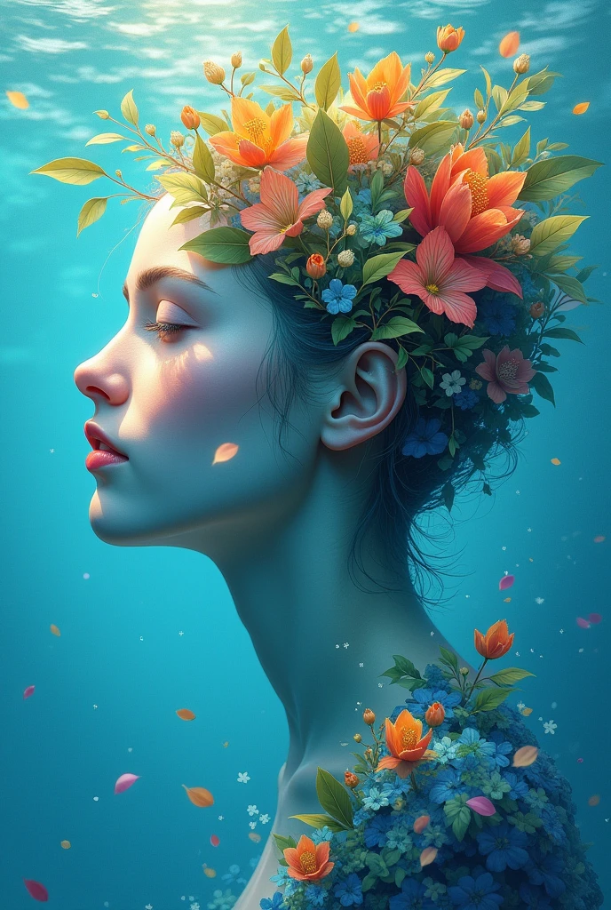 head of'artwork, best quality, (Background'écran CG Unity 8k très détaillé) (best quality), (Meilleure illustration), (Best Shadows) nature', blue sea,delicate leaves, pétales de différentes couleurs tombant dans la lumière de l'air, Super detailed