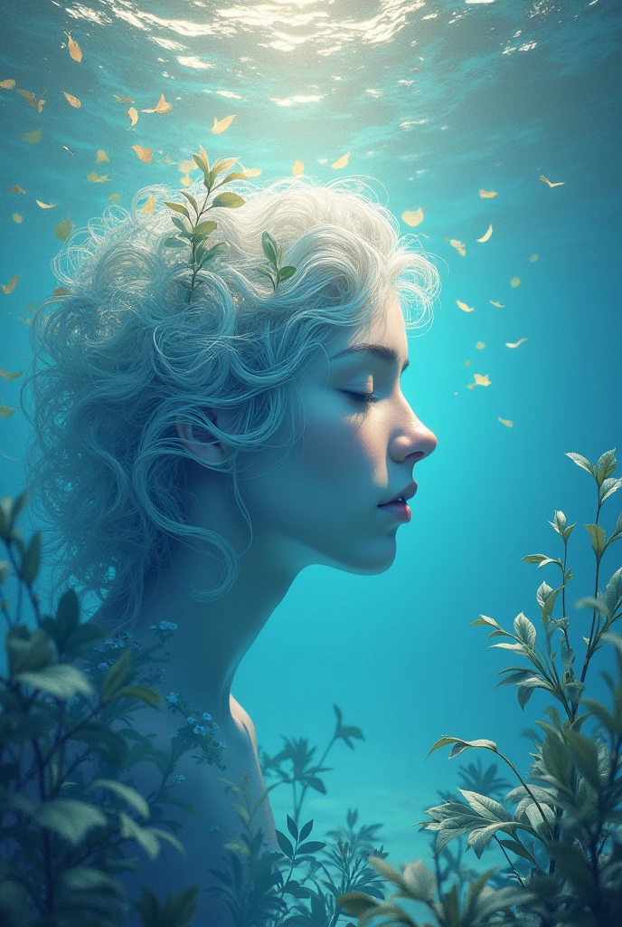 head of'artwork, best quality, (Background'écran CG Unity 8k très détaillé) (best quality), (Meilleure illustration), (Best Shadows) nature', blue sea,delicate leaves, pétales de différentes couleurs tombant dans la lumière de l'air, Super detailed