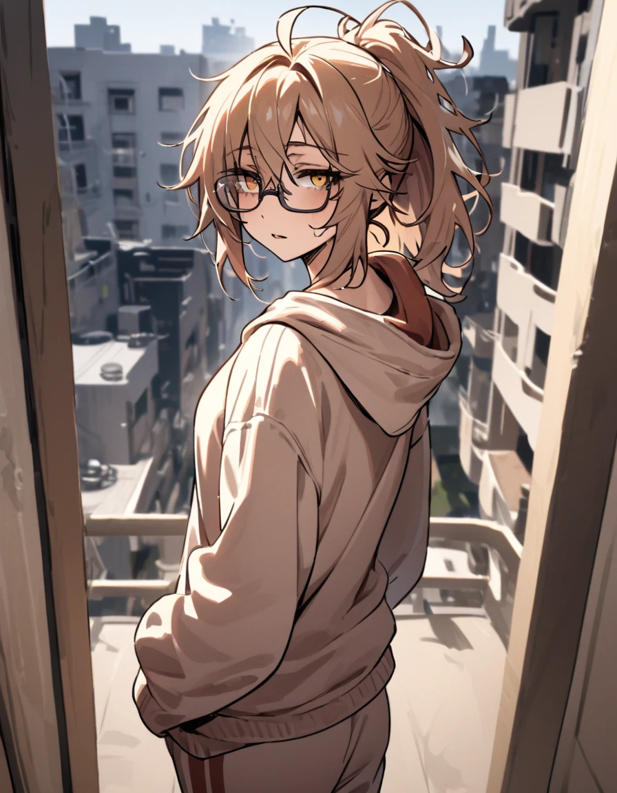 mature, golden eyes, looking at viewer, female, apartment background, messy hair, dark shoulder-length hair, ponytail, parted lips, hair between eyes, ahoge, emotionless, tired eyes, standing, from behind, sweatpants, hoodie, medical eye patch, comfy clothes, glasses