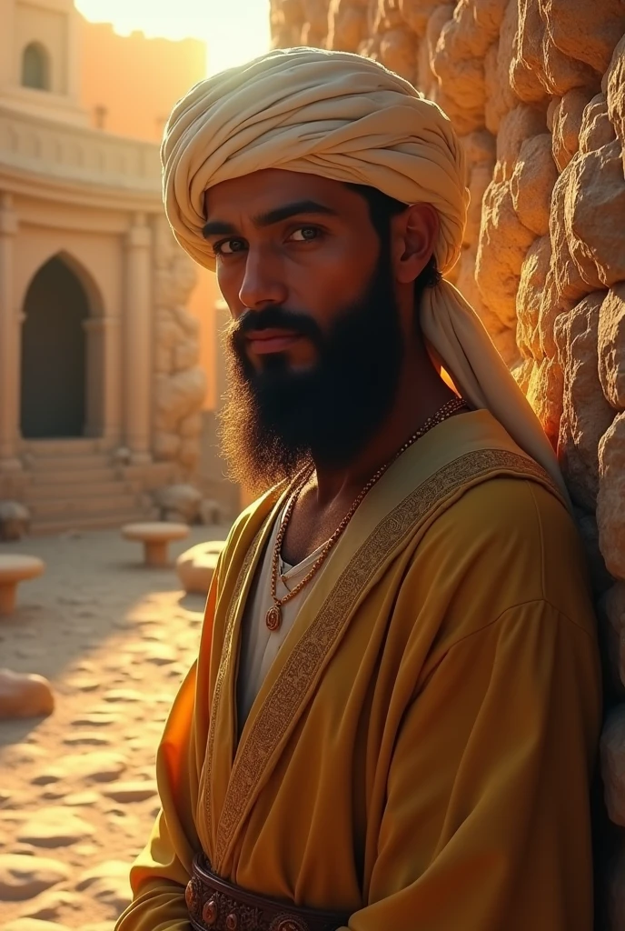 An artistic depiction of the prophet Mohameda. The scene is set in a warm, Mediterranean setting with ancient stone buildings in the background. The light is soft, with a golden glow(Extrêmement délicatement beau:1.2),8k,(chef-d'œuvre:1.0),(meilleur_qualité:1.0,Détails compliqués,textures agrandies,Détails compliqués,Beaux yeux et visage détaillé,Détails compliqués,(Garder la bouche fermée),yeux parfaits,yeux égaux,corps parfait,téton extrêmement détaillé,3D extrêmement réaliste,((Yeux très détaillés))guérir,Eye-liner délicat。cils longs,yeux verts,Élèves noirs,Il y a la lumière des étoiles dans les yeux,Détails délicats des lèvres,Oil painting qualité,Style de peinture épais,forêt fantastique,Gîte aux bonbons