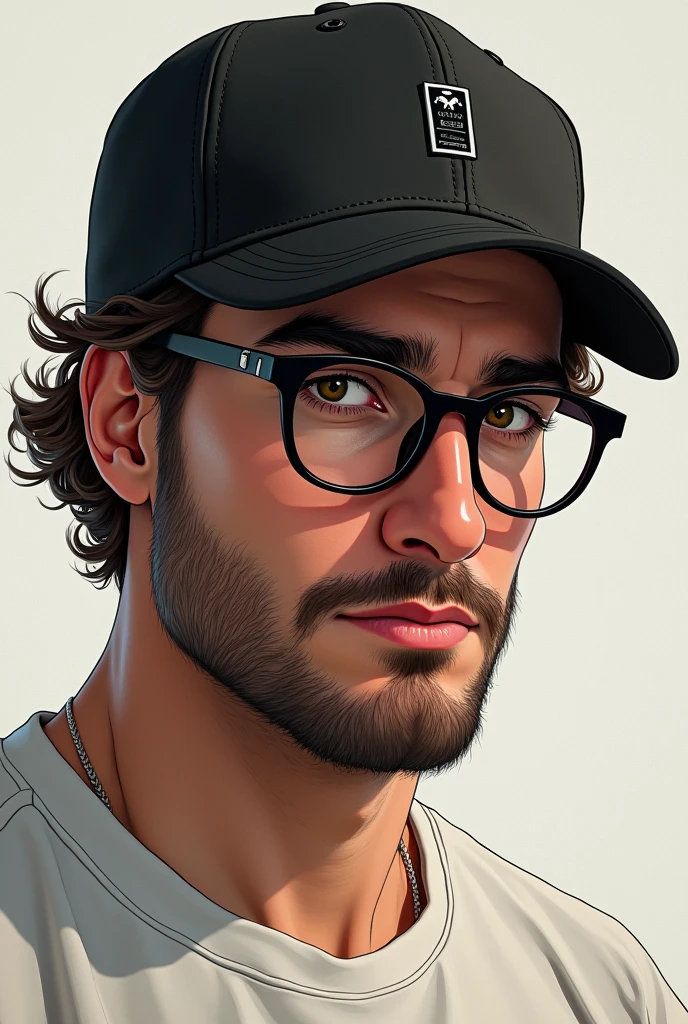 art 8K, Man in black cap, white surf t-shirt, from the abdomen upwards, short beard, black frame glasses, thick eyebrows, drawning
