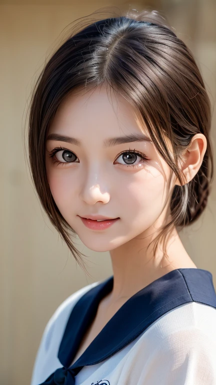 One Girl,(One very cute girl:1.3),masterpiece,highest quality,High resolution,beautiful girl,(18years old:1.3),cute,Big eyes,(detailed pupils:1.2),(The face is facing straight ahead:1.3),Body facing forward,Beautiful nose,Fuller lips,Short black hair,ponytail,short hair,Detailed eyelashes,Thin eyebrows,Very fine grain definition,(Symmetrical eyes:1.3),(Face close-up,Face Focus:1.0),Sailor suit,Student style,Portrait,View Viewer,Cinema Lighting,High resolution,Very detailed、Open your mouth a little、smile