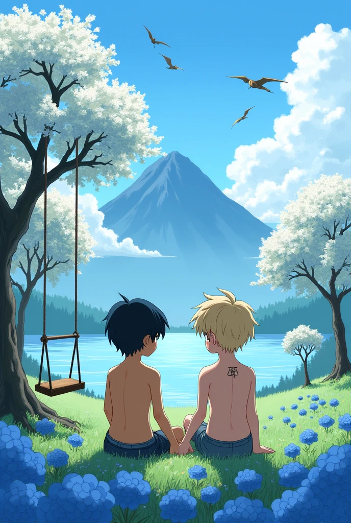 This image has to be in the Japanese art style. Two half-naked boys wearing only boxer shorts are facing away from each other and sitting in a field of blue flowers with several cherry trees. There is a lake with a huge mountain in the background. It is a beautiful day and there are small dragons flying through the sky. The two boys are holding hands. One of the boys has tanned skin, black hair and a tattoo. The other boy has fair skin, blond hair. Neither of them has a beard. There is a tree near them with a swing.