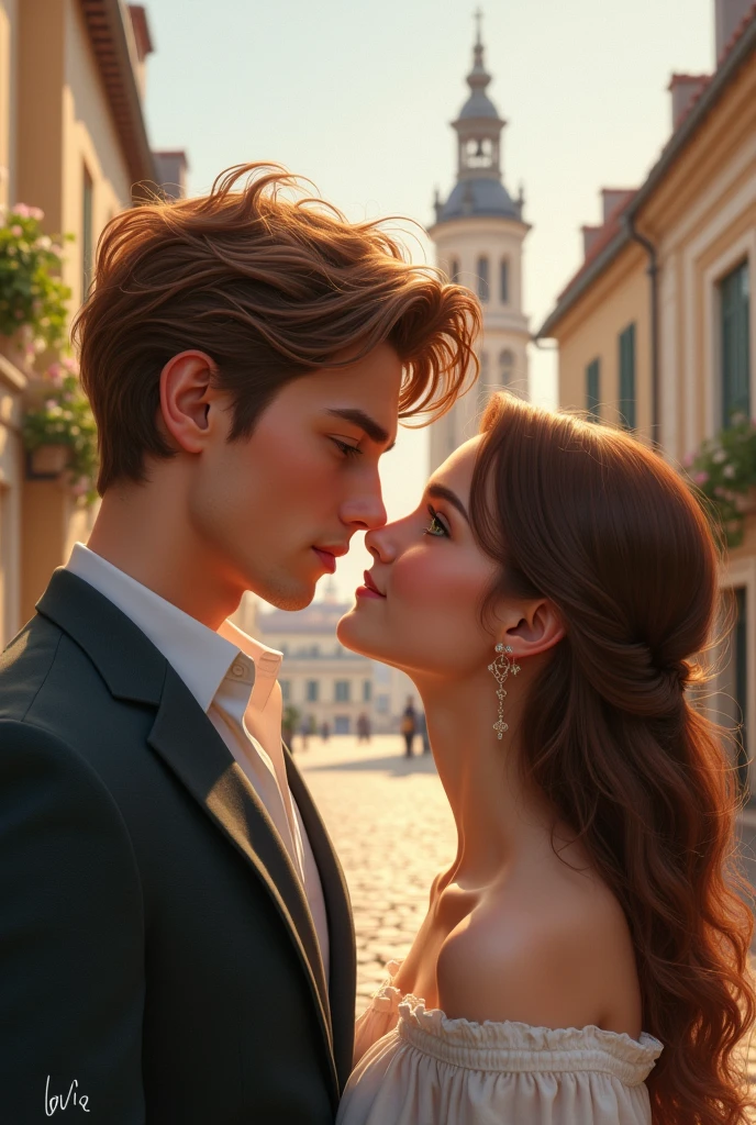 Book cover with a couple in Marcella, France. The boy is tall with thick honey-brown hair, white skin, honey-green eyes, and thick lips. The girl is short with thick wavy brown hair and honey-brown eyes, white skin, pink, thick lips. With the title Valentine&#39;s Day Coupon. I want the image for the cover of a book and to be seen in profile. 