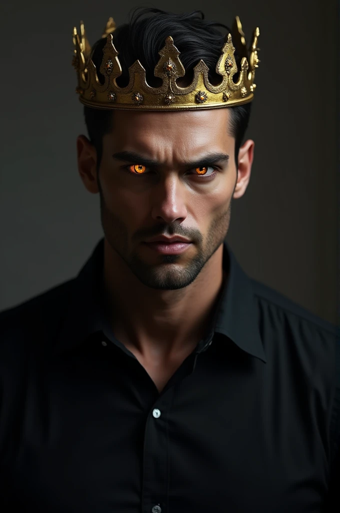 Guy wearing a black shirt and black eyes. Wearing a crown and got golden eyes.