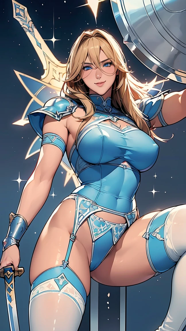 Browsing Caution,Sensual, Long blonde hair, Thick thighs, 8k, 4K, Highest quality, (High resolution:1.6), Cute anime face, Noise Reduction, (Sparkling Blue Eyes, A kind smile:1.3, Kind eyes:1.3)、Toned Abs, Muscular arms, Muscular legs,  Young Face, Anime Eyes, Sophitia Alexandra、(Sword in right hand:1.5)、(Equipped with a shield on the left arm:1.5)、(SFW Giant:1.9)、(Beautiful Nose:1.5)、Long tights、Knee-high boots、(garter belt:1.5)、Beautiful Hands、Beautiful fingers、(High cut thong:1.5),squatting, spread legs,