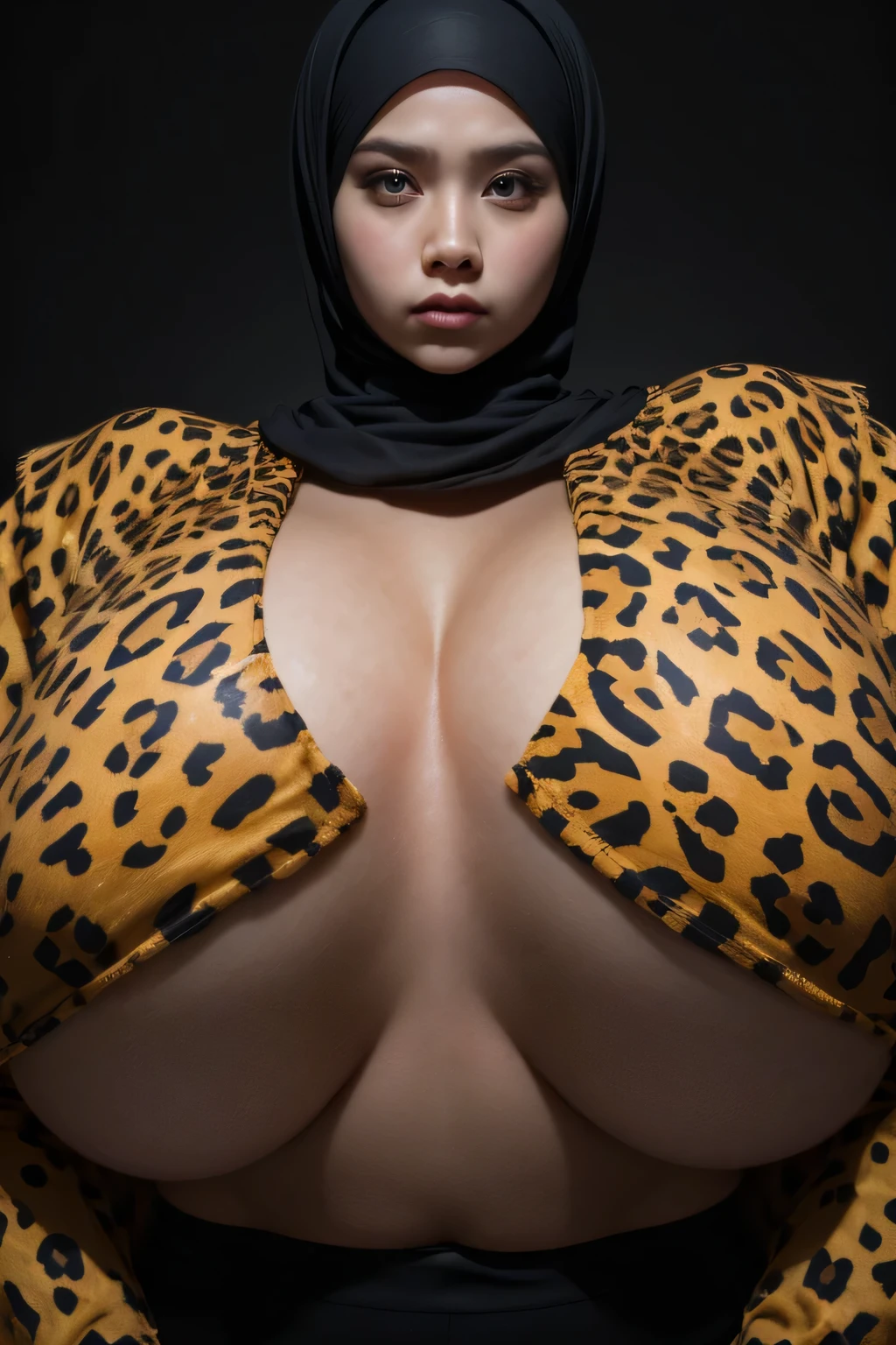 Jumbo (Singlet), Chubby adorable, 1 girl, (face to face), 10 years old, baby face, angry face expression, half body portrait, (face details: 1), (eye details: 1), ((big breasts)). wearing transparent transparency soft long shirt, hijab, .. Cute posed. proportional body. Ultra High Res. realistic: 1.4, UHD, ((leopard pattern)), ((Bigger:2.3)), (((DARK BACKGROUND)))