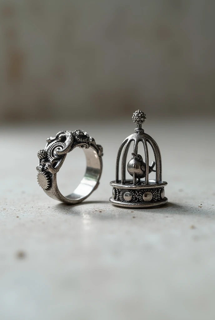 Two silver rings for men, with gears representing a bird in a cage, thin, delicate, beautiful and elegant