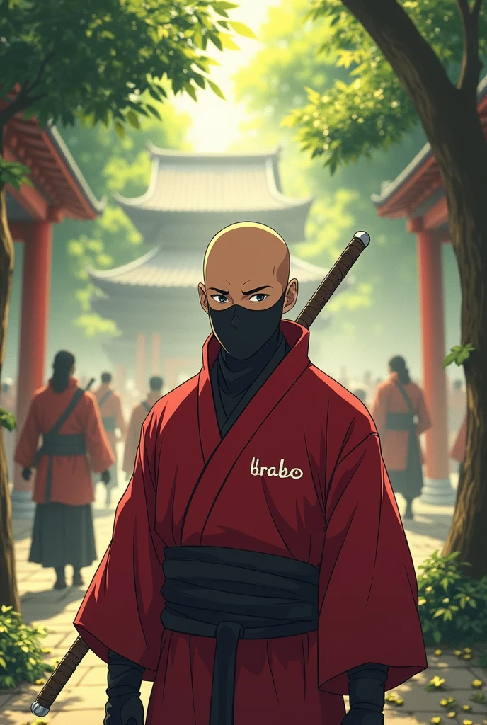 Create an anime-style drawing, showing a ninja in a temple, it's morning, the sunlight passes through the leaves of the trees, the ninja is a bald young man, he's without a mask, he's wearing a red tunic, on his tunic is written the word ''brabo'', in the background there are warriors training