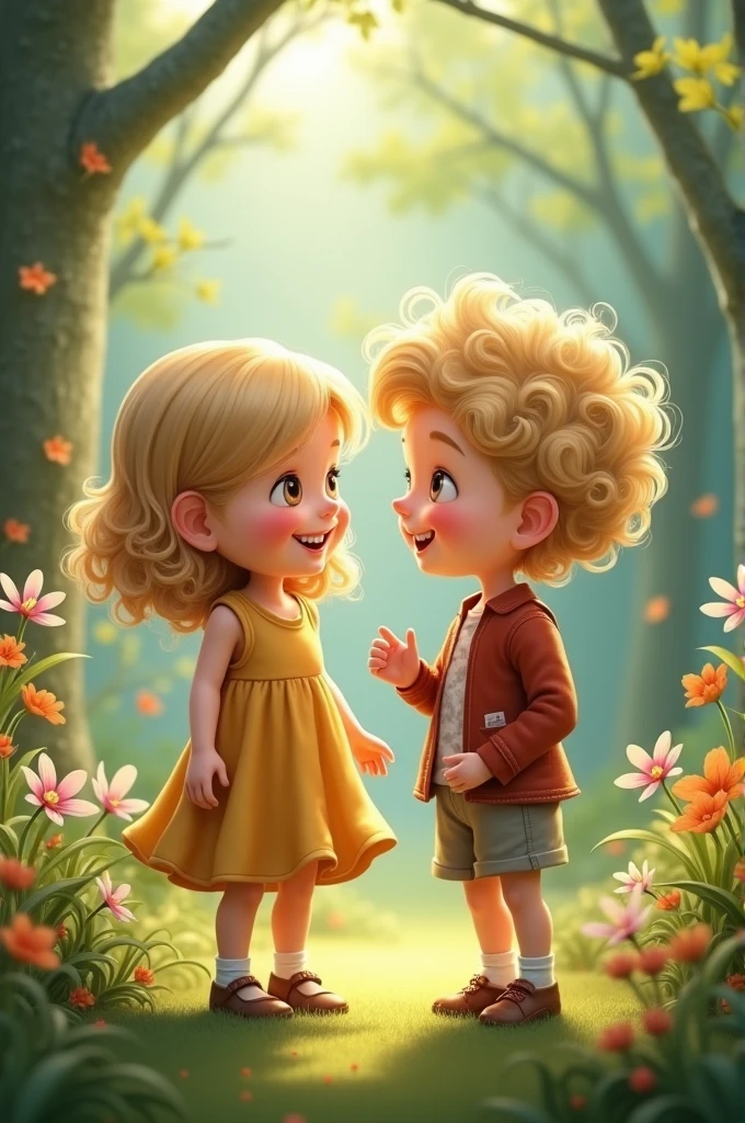 A blonde girl with wavy hair and a blonde boy with curly hair