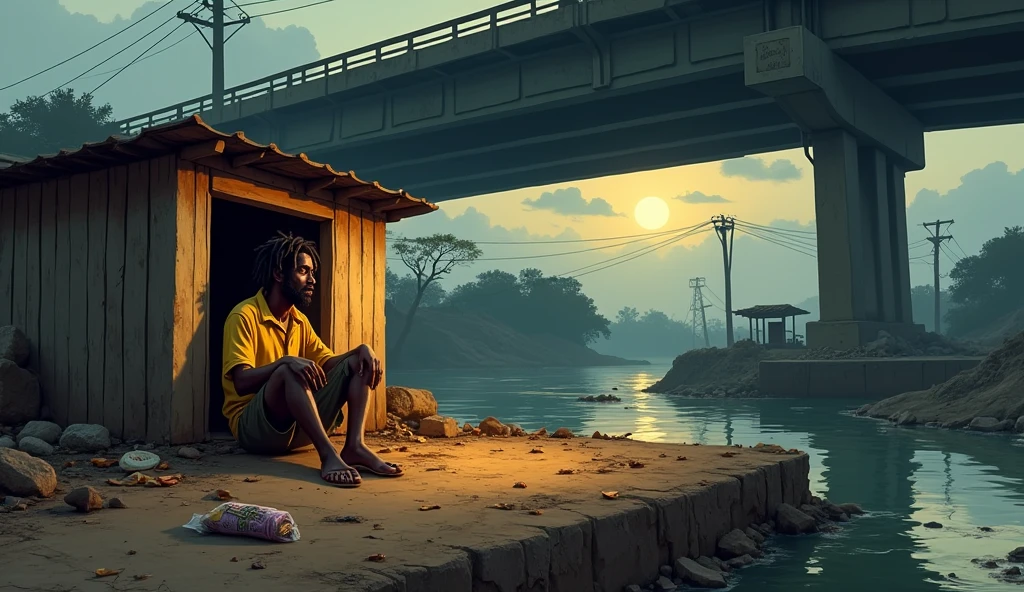Make him sit down outside a small wooden batcher under the bridge while the evening approaches. The environment should be dirty and littered with wastes along a sewer. Great, but a Nigerian man and in a Nigerian setting. Yellow shirt. Dread locks, tattered beards, with a bag of razor blades
