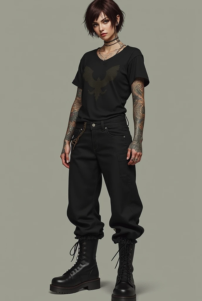 Masculine woman with brunet short hair and Brown eyes have Dragon tattoo on her left Arm She IS wearing black owersize t-shirt with black jeans and Black Combat boots She have 3 pearsings in right ear and 2 pearsings in left ear and 1 in lip on left side (Whole body picture)