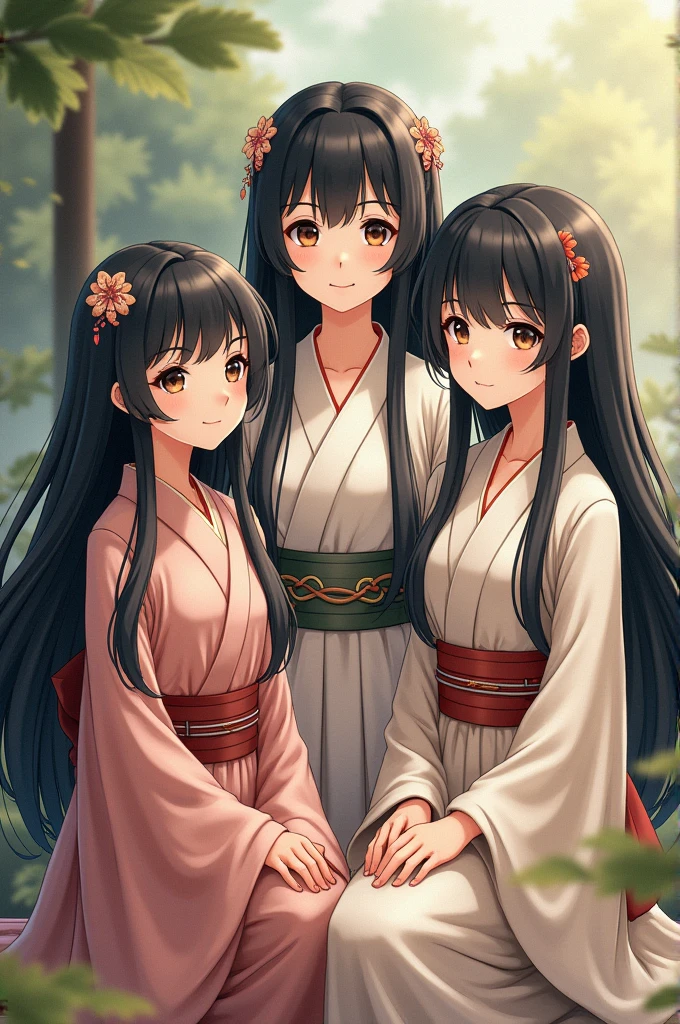 three young Japanese girls with long, very long black hair and bangs, wearing traditional Heian era clothing 