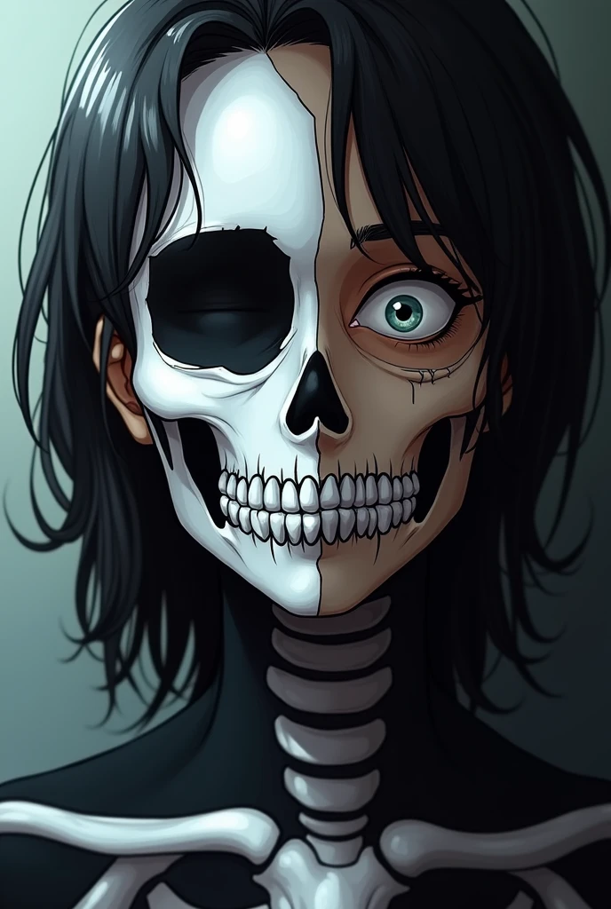 A person&#39;s face painted halfway as a skeleton in anime version