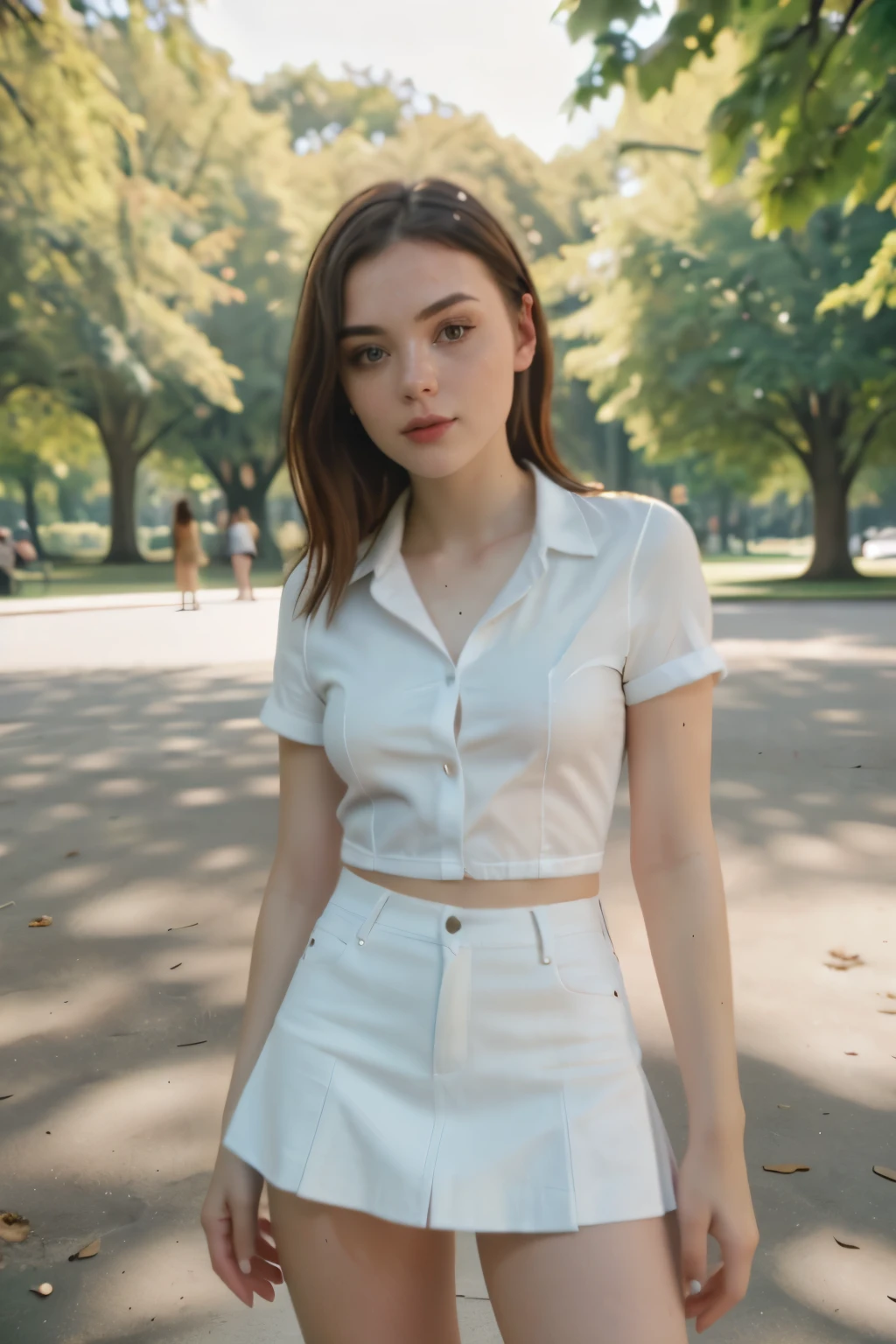 d4phnefrench,igirl,parts,black leather miniskirt,White shirt,in the park, Dan Winters style,raw photography,film grain,(indistinguishable from reality:1.4),photo taken with a Bolex H16