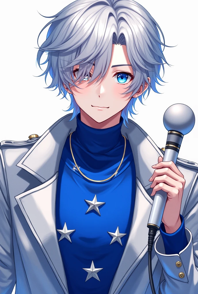 Anime idol boy with messy silver hair over one eye.
skin fair.
royal blue eyes.
silver metallic jacket.
royal blue turtleneck shirt with silver stars.
white idol microphone.
vocaloid sekai cool stylish