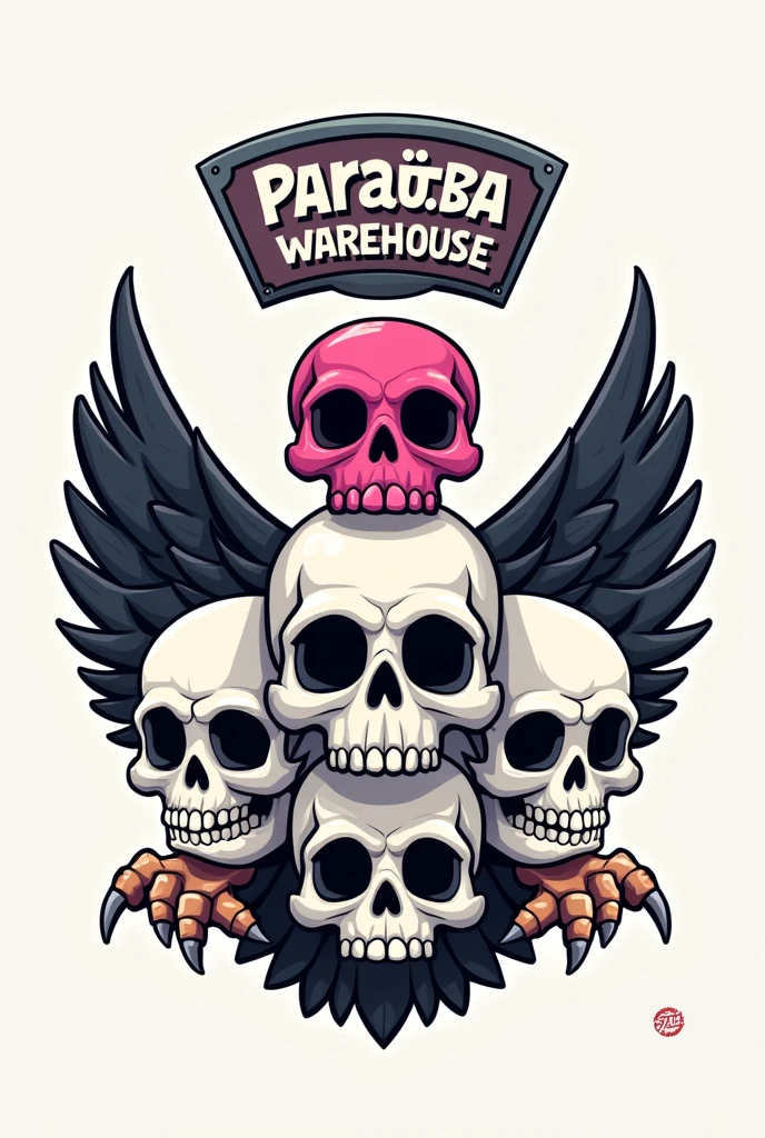 4 skulls, 2 on top and 2 on the bottom, with a Paraíba warehouse badge around the 4 skulls with the letters V.And PDU behind as if it were an eagle the skull on top must be pink all in cartoon style