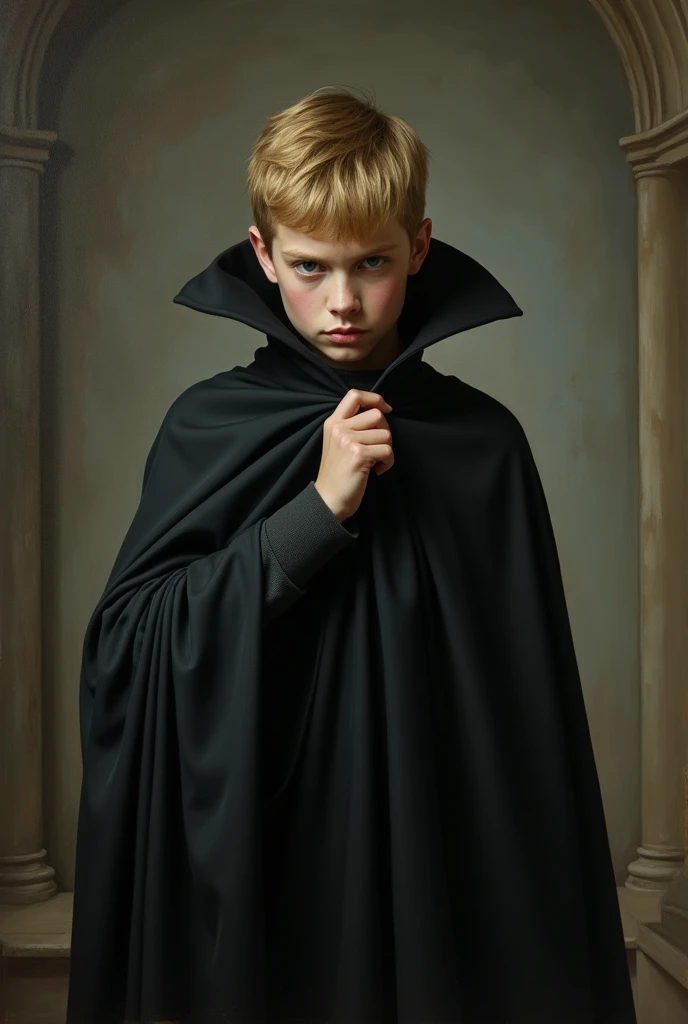 make a Goya style painting, of a  blond boy, covering himself with a cape from his nose down, The cape must be held with his right arm like the typical Dracula pose, is looking straight ahead, with a threatening look, Your whole body should also be in the same direction., inside a neutral room, but dark, with black and grey walls, medieval era