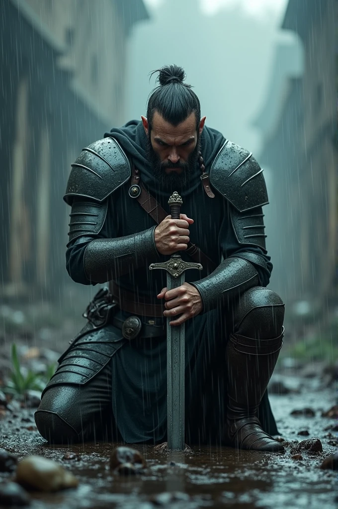 Warrior in the rain , on his knees with his sword fixed on the wet ground .