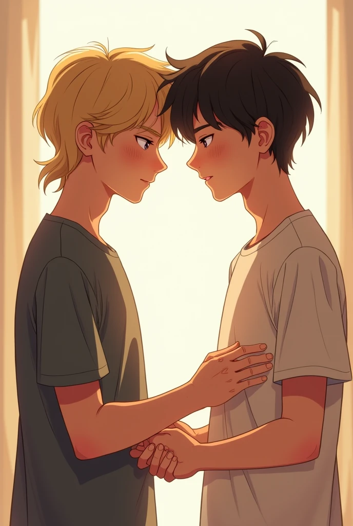 Great an human look image with two boys the of 26 24 holding hands looking at each other one with tattoos on his left hand side make them cute one with blonde hair and one with black hair  let the one with tattoos black hair and the other one blonde hair 