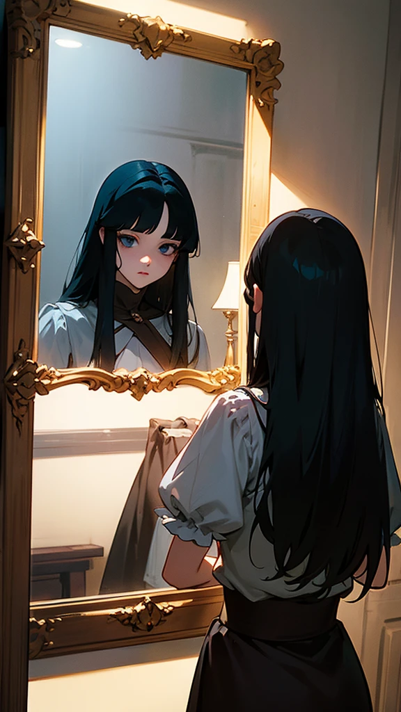 make a mirror in a basement,with two characters in front of the mirror turned back to back,a short black haired blue eyed one,and another with long black hair black eyes anime Castlevania Style female realistic