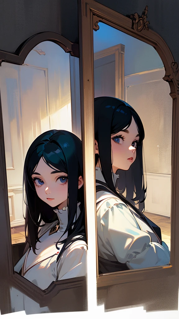 make a mirror in a basement,with two characters in front of the mirror turned back to back,a short black haired blue eyed one,and another with long black hair black eyes anime Castlevania Style female realistic