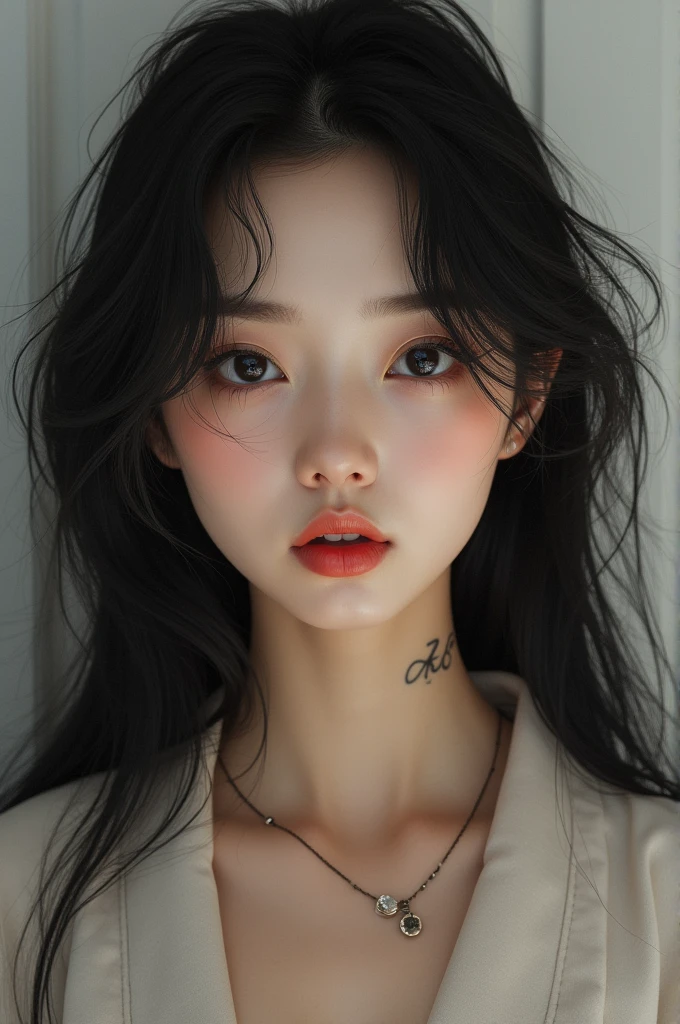 a beautiful Korean woman, with long hair and a lip piercing. A little line on his eyebrow and a small tattoo with the initials AC on his neck.