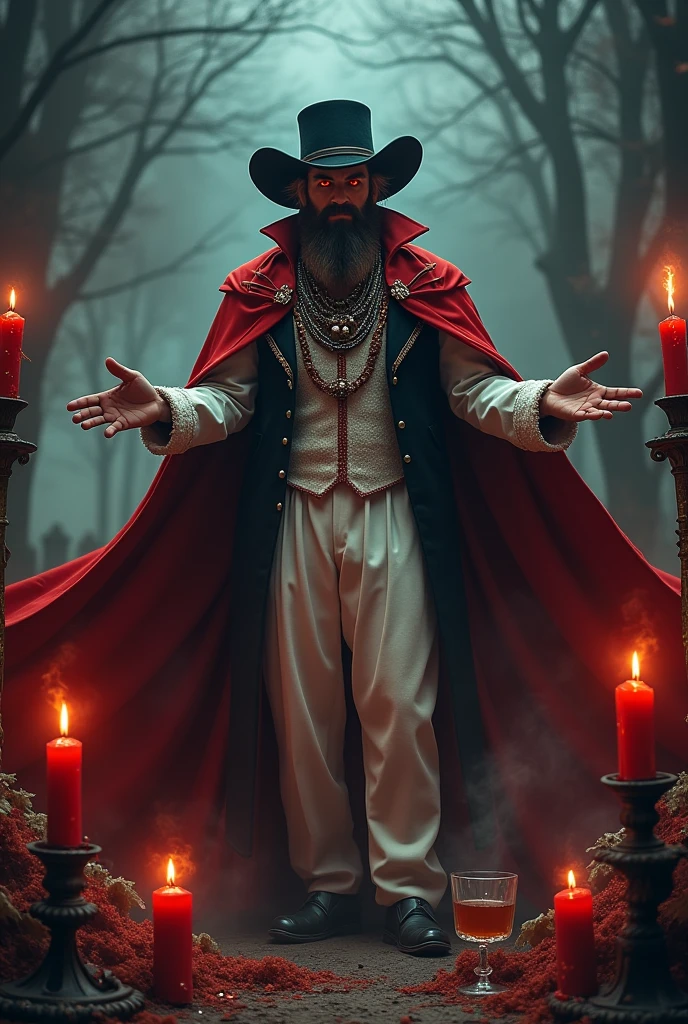 Handsome man with a robust body, barba, by rubio, black and red antique hat, red and black cape, vaso whisky, Cigarettes, cemetery, red and black lit candles, golden stick, Red eyes, melted candles, white vest and pants, lots of red and black necklaces , levitating, black magic books, exu umbanda