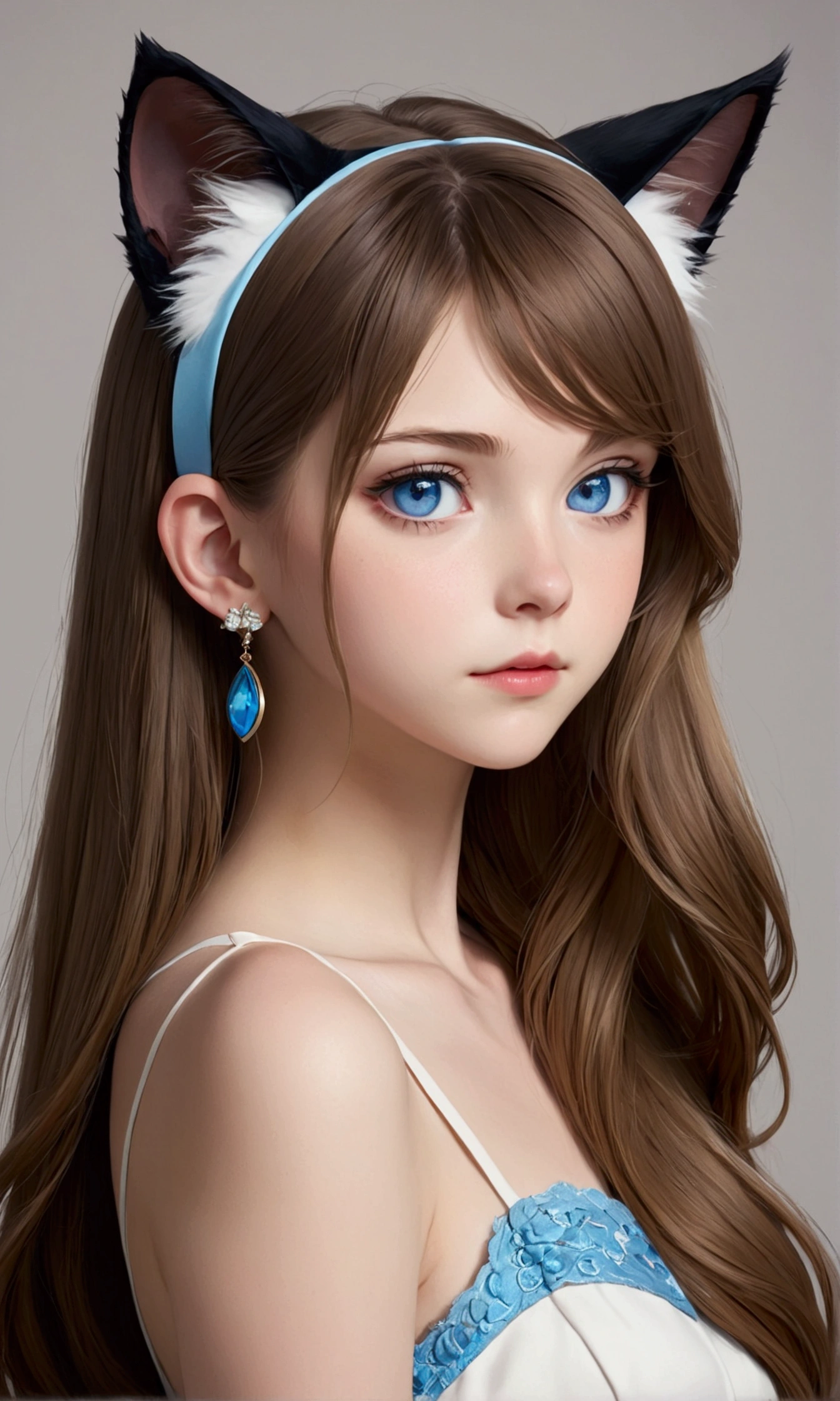 1 girl, Solo, high resolution, long hair, shill, blue eyes, simple background, hair accessories, shut your mouth, earring, cat ears, 